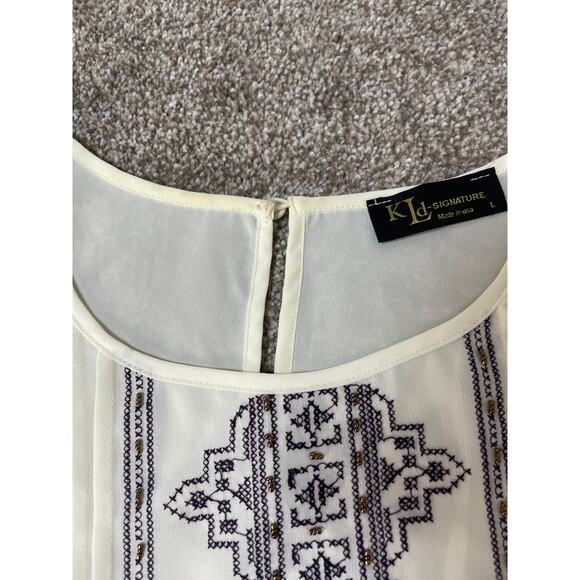 KLD Signature Women's Ruffle Hem Sequin Beaded Embroidered Sheer Blouses Cream L - Picture 10 of 13